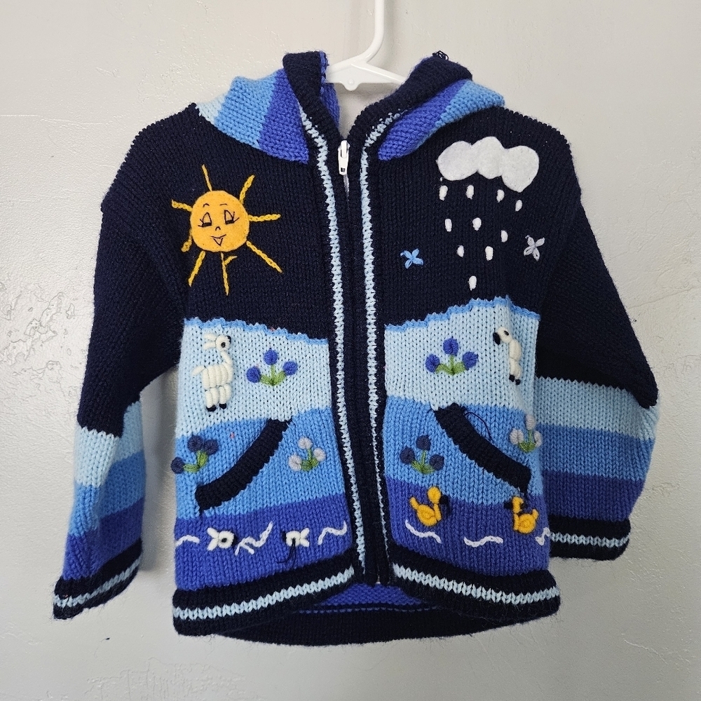 Peru Vintage Toddler 2 Blue Knit Jacket Full Zip Hood Sunshine Rain Sheep Fish